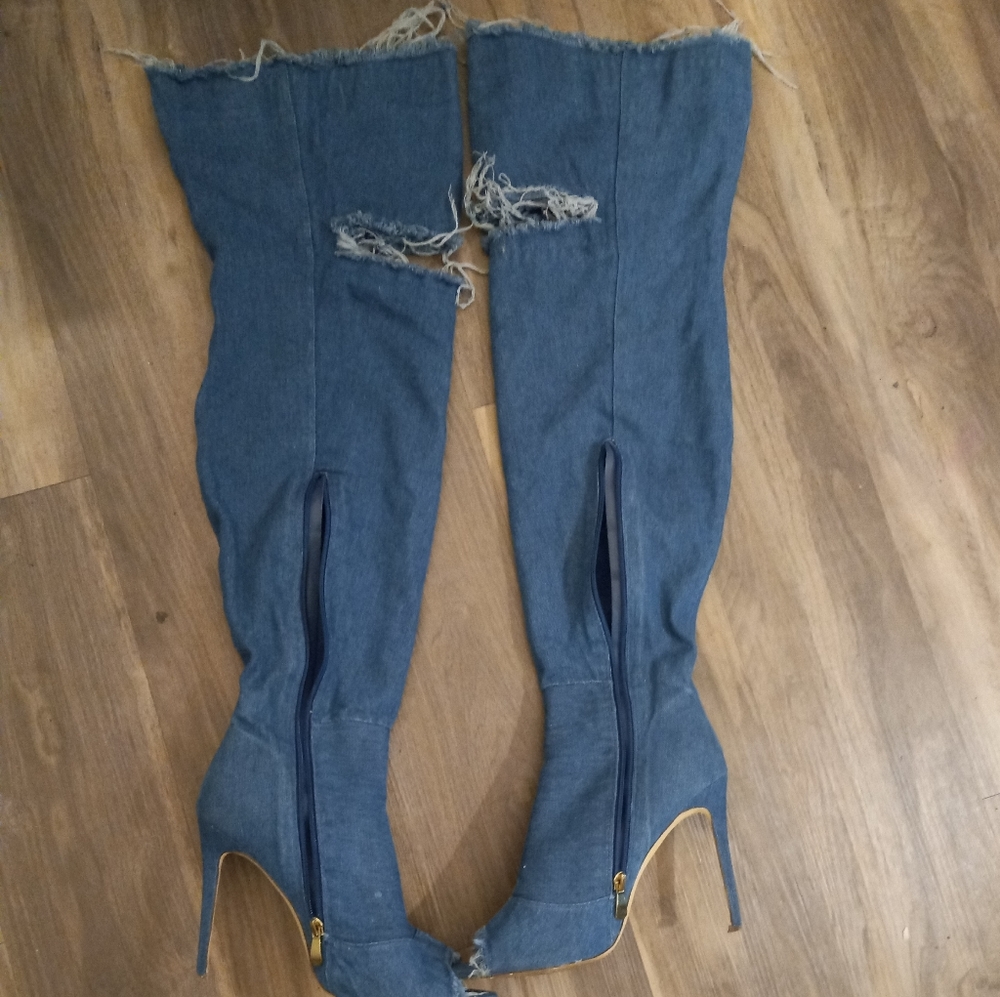 Liliana open toe thigh high distressed denim boots